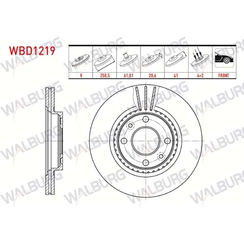 FREN DİSKİ ÖN HAVALI 4 BJN (ADET) 259X20,7X61,01X41 RENAULT CLIO II 1.2i 16v - 1.4i 16v - 1.6i 16v - 1.5 DCI 1998-2005/ KANGOO 1.4 - 1.5 DCI - 1.9 D 1998-2008/ MEGANE I 1.4i 16v 1.6i 16v 1996-2003